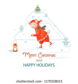 new Year. holiday christmas. winter holidays. Piglet symbol of the year 2019. Pig skates in Santa Claus costume. template postcard or banner