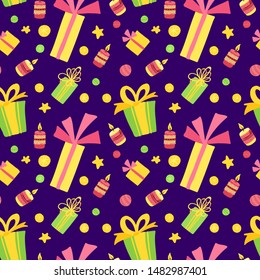 New Year holiday, fest vector seamless pattern. Bright gifts, candles, stars on dark blue background. Christmas banner, winter season wallpaper, wrapping paper design