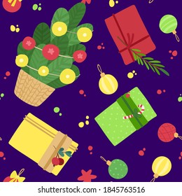 New Year holiday, fest vector seamless pattern. Christmas tree, toys, gifts, stars on dark blue background. Christmas banner, winter season wallpaper, wrapping paper design