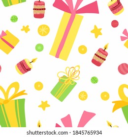 Año Nuevo festivo, el vector del fest es un patrón sin fisuras. Regalos luminosos, velas, estrellas de fondo blanco. Banner de Navidad, papel tapiz de temporada de invierno, diseño de papel de embalaje