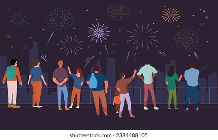 New year holiday festival celebration. People Enjoying firework in night sky at city event, urban festival firework, happy peoples, flat vector illustration.