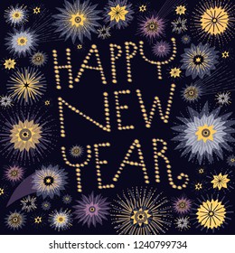 New Year holiday firework show on a night sky. Perfect background for thematic banners or greeting cards. Flashy fireworks celebrating chrismas. 