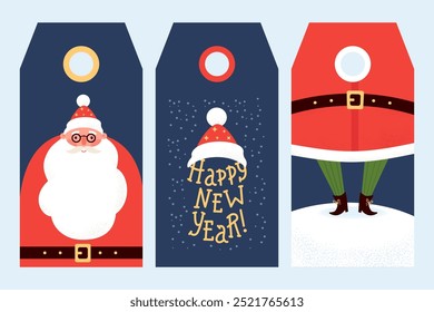 New Year Holiday Gift Tag collection. Cute Santa Claus, lettering with hat and funny legs in snow on blue background. Isolated Christmas festive vertical cards. Vector illustration