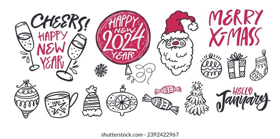 New year holiday greeting card. Merry Christmas and happy new year - cute postcard. Lettering label for poster, banner, web, sale, t-shirt design. 2024