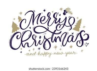 New year holiday greeting card. Merry Christmas and happy new year - cute postcard. Lettering label for poster, banner, web, sale, t-shirt design. 2024