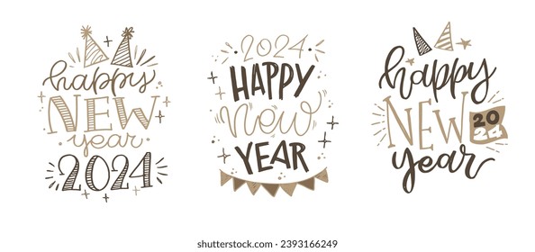 New year holiday greeting card. Merry Christmas and happy new year - cute postcard. Lettering label for poster, banner, web, sale, t-shirt design. 2024