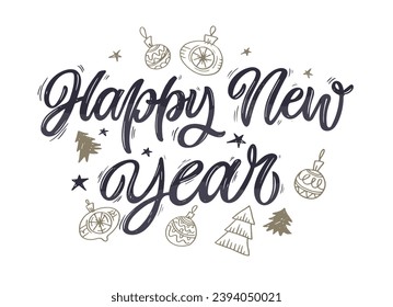 New year holiday greeting card. Merry Christmas and happy new year - cute postcard. Lettering label for poster, banner, web, sale, t-shirt design. 2024