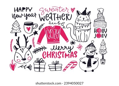 New year holiday greeting card. Merry Christmas and happy new year - cute postcard. Lettering label for poster, banner, web, sale, t-shirt design. 2024