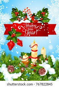 New Year holiday greeting card with Christmas garland. Xmas tree and holly berry with candle, ball and candy, snowflake, bullfinch and ribbon banner with greeting wishes for Xmas celebration design