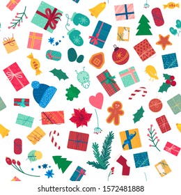 New year holiday items color seamless pattern. Christmas background. Xmas wallpaper, wrapping paper