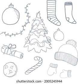New Year Holiday Line art Set. Vector Illustration of Decoration winter Holiday Items.