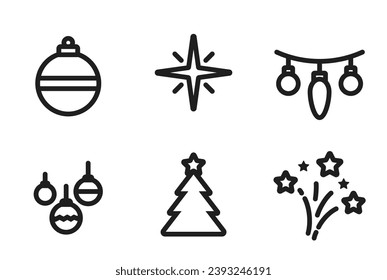 New Year holiday line icons. fireworks, christmas ball, star, christmas tree and garland. vector images for Christmas, New Year and winter design