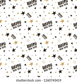 New Year holiday pattern in the style of the doodle. Christmas ornament with text, black stars and yellow stars on a white background