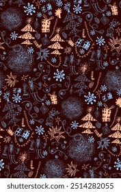 Neujahr Urlaub nahtloses Muster mit Zeichnung wie Kinder kritzeln auf dunkelbraun. Naive Scrabble Stil Doodle-Sammlung für Selebration frohe Weihnachten und glückliches neues Jahr. Vektorgrafik