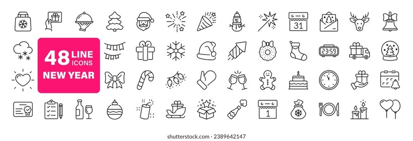 Neue Jahr Urlaub Satz von Web-Icons in Linie Stil. Fröhliche Weihnachten und Fröhliches Neues Jahr Symbole für Web- und mobile App. Winter, Weihnachten, Feiern, Feiern, Geburtstag, Ereignis, Santa, Baum, Schnee. Bearbeitbarer Hub