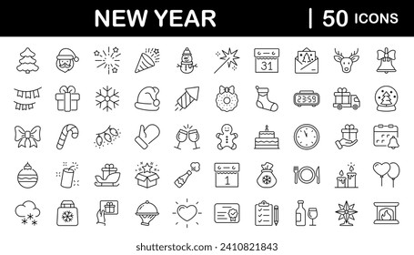 New year holiday set of web icons in line style. Merry Christmas and Happy New Year icons for web and mobile app. Winter, xmas, celebration, party, birthday, event, santa, tree, snow. Editable stroke