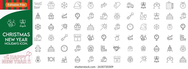 New year holiday set of web icons in line style. Merry Christmas and Happy New Year icons for web and mobile app. Winter, xmas, celebration, party, birthday, event, santa, tree, snow. Editable stroke