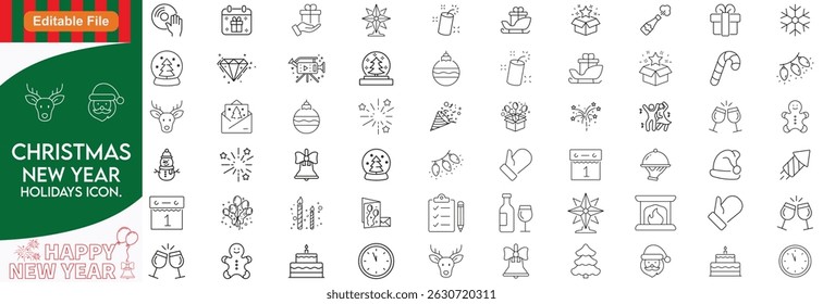 New year holiday set of web icons in line style. Merry Christmas and Happy New Year icons for web and mobile app. Winter, xmas, celebration, party, birthday, event, santa, tree, snow. Editable stroke