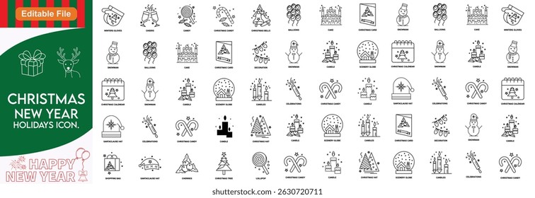 New year holiday set of web icons in line style. Merry Christmas and Happy New Year icons for web and mobile app. Winter, xmas, celebration, party, birthday, event, santa, tree, snow. Editable stroke
