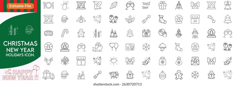 New year holiday set of web icons in line style. Merry Christmas and Happy New Year icons for web and mobile app. Winter, xmas, celebration, party, birthday, event, santa, tree, snow. Editable stroke