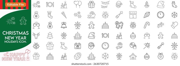 New year holiday set of web icons in line style. Merry Christmas and Happy New Year icons for web and mobile app. Winter, xmas, celebration, party, birthday, event, santa, tree, snow. Editable stroke