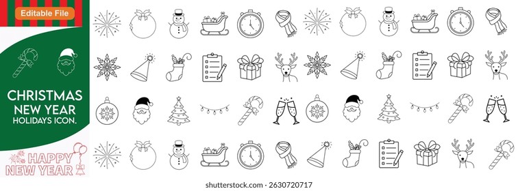 New year holiday set of web icons in line style. Merry Christmas and Happy New Year icons for web and mobile app. Winter, xmas, celebration, party, birthday, event, santa, tree, snow. Editable stroke