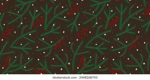 New year holiday spirit with this warm, festive seamless pattern. Hand drawn elements in rich brown tones capture the essence of Christmas joy, ideal for seasonal decor and crafts. Vector format.