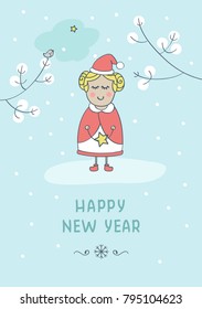 New year holiday vector card or poster with cute girl, winter landscape