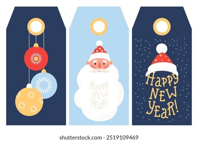 New Year Holiday Xmas Gift Tags. Cute portrait Santa, Christmas balls and lettering congratulation with hat Claus. Isolated festive vertical cards. Vector illustration