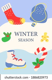 New Year holidays abstract poster template. Winter season. Commercial flyer design with flat illustration. Vector cartoon promo card with organic shapes. Wintertime advertising invitation