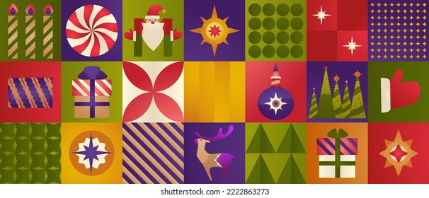 New Year holidays and celebration, xmas and Christmas patterns and prints. Candy and Santa Claus, presents and gifts in boxes, shining star and glove part of costumes, deer. Vector in flat style
