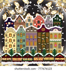 New year holidays. Cute town Christmas eve. Vector. Winter nature landscape. Greeting card, poster design. Winter in the city, christmas decor fir-trees. Vector. Cityscape. Winter houses, road, tree.
