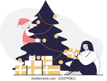 New year holidays. The girl opens gifts sitting under the Christmas tree. Santa is spying on a girl. Holiday illustration.