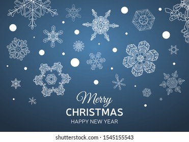 New Year holidays greeting card. Christmas holiday invitation. Ornament with snowflakes.