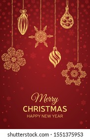 New Year holidays greeting card. Christmas holiday invitation. Ornament with snowflakes. Vector illustration sketch christmas party invitation with toys. 