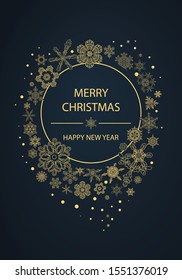 New Year holidays greeting card. Christmas holiday invitation. Ornament with snowflakes.