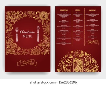 New Year holidays greeting card. Christmas holiday invitation. Ornament with snowflakes. Vintage Xmas Menu. Vector illustration sketch - Greeting cards and holiday design.