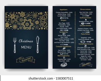 New Year holidays greeting card. Christmas holiday invitation. Ornament with snowflakes. Vintage Xmas Menu. Vector illustration sketch - Greeting cards and holiday design.