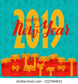 New Year holidays Happy New Year 2019 hand drawn lettering with red gift boxes. Vector calligraphic inscription on teal background. Could be used for banners, greeting cards, gifts etc.