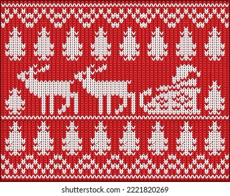 New year holidays knitted pattern with santa claus and christmas reindeer, vector illustration