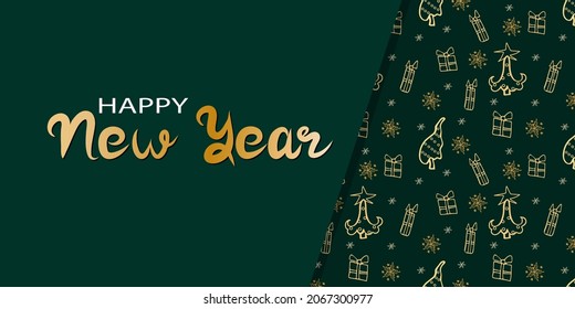 New year holidays luxury banner with christmas trees, gift boxes and snowflakes. Happy holidays background. Vector illustration.
