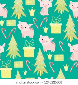 New Year holidays. Seamless vector pattern with christmas gilt, fir-tree, gifts, sweets. illustration on green background