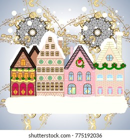 New year holidays. Winter houses, road, tree. Winter nature landscape. Cityscape. Greeting card, poster design. Vector. Winter in the city, christmas decor fir-trees. Vector. Cute town Christmas eve.