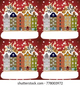 New year holidays. Winter houses, road, tree. Vector. Vector. Greeting card, poster design. Cityscape. Cute town Christmas eve. Winter in the city, christmas decor fir-trees. Winter nature landscape.