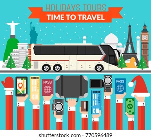 New Year Holidays World Tours design flat with tourist bus.Vector illustration