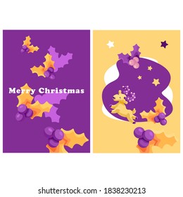 New year holly sprig card on white isolated backdrop. Christmas deer postcard for invitation or gift card, notebook, bath tile, scrapbook Phone case or cloth print Flat style stock vector illustration