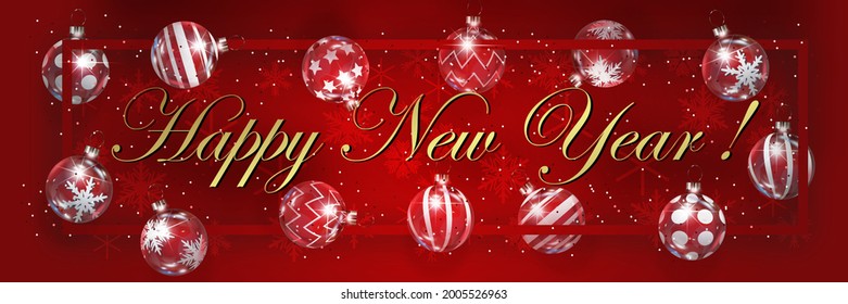 Neues Jahr horizontaler Banner mit Rahmen und bunten Bälle mit Funkeln und Schneeflocken. Neujahr und Weihnachtskarte, Vektorgrafik auf rotem Hintergrund