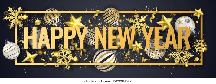 New Year horizontal banner with shining snowflakes, ribbons, stars and colorful balls. New year and Christmas card illustration on dark background