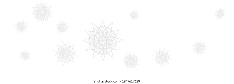 New Year Horizontal Chaotic Print Stars Sky Background. Ornamental Christmas Grey White Snow Pattern. Santa Holiday Ice Silver Composition. Snowflakes Monochrome Winter Frost Mandala Design Pic.