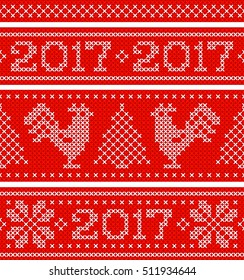 New Year horizontal seamless background. Endless Christmas scheme with number 2017 embroidered by cross stitch. Vector illustration.